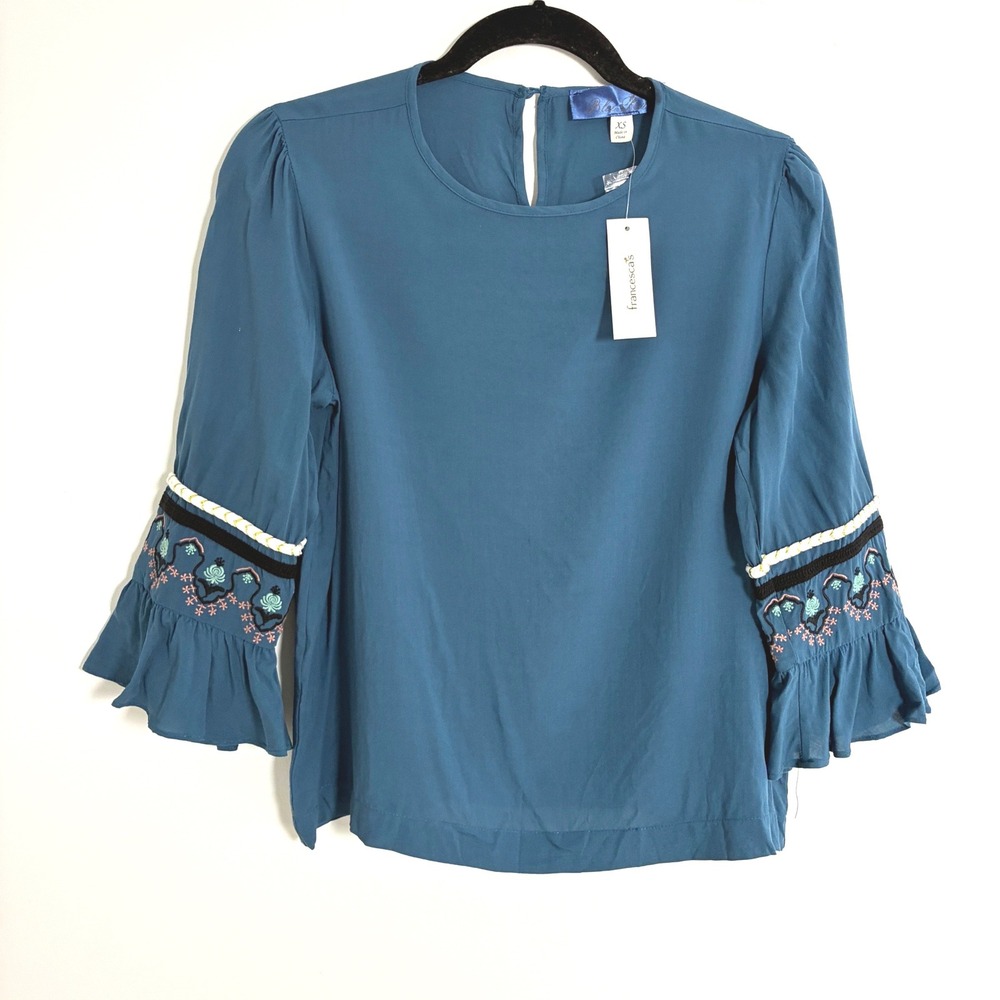 New Francesca's Boho Flowy Top Gold Metallic Floral Bell Sleeve Teal REN Fest XS